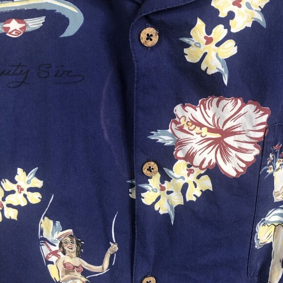 Vintage Hawaiian Shirt Mens 2X Blue Pinup Girls Retro Beach Bikinis Sailors - Picture 14 of 16